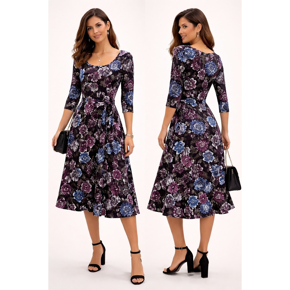 Nina Leonard Trapeze Dress 2X Berry Floral Purple Blue 3/4 Sleeve Fit & Flare